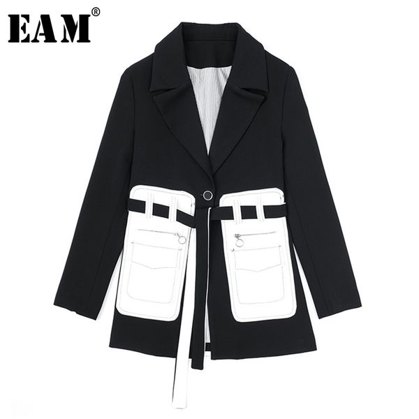 

[eam] women black pocket split temperament blazer new lapel long sleeve loose fit jacket fashion spring autumn 1s394 210330, White;black