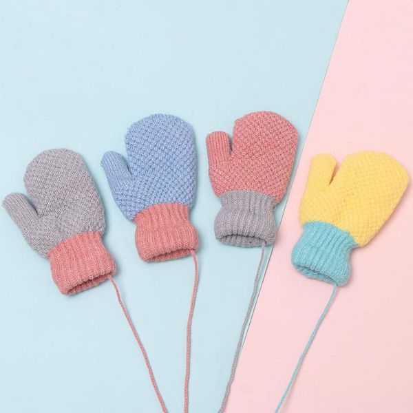 

children's mittens cute boys girls warm winter 2-6years baby gloves with rope knitting full finger, White