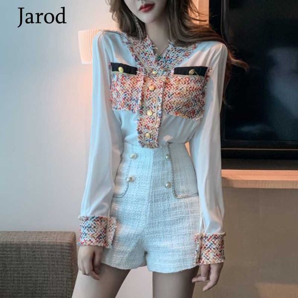 

spring women 2 piece set v-neck tweed hit color patchwork blouse and white short pants suit 210526