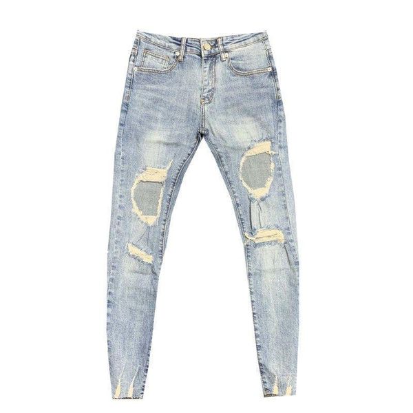 

mens jeans ripped holes cotton cropped trousers slim korean style distressed button zipper denim pencil pants men's, Blue