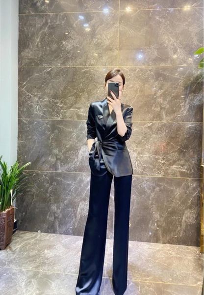 

autumn and winter 2021 heavy industry acetic acid waist tie luxury high end suit pants two piece women's, White