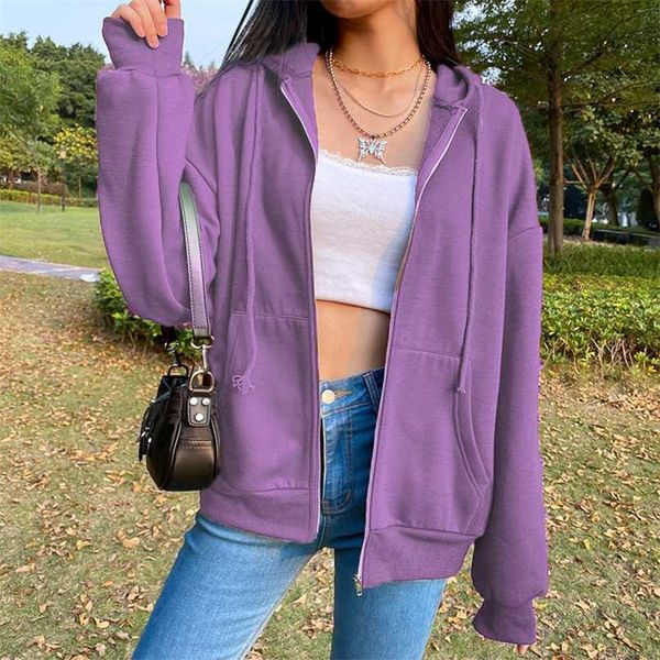 

brown purple black zip hooded sweatshirt winter jacket oversized hoodie retro pocket woman clothes long sleeve pullover 211109, Black;brown