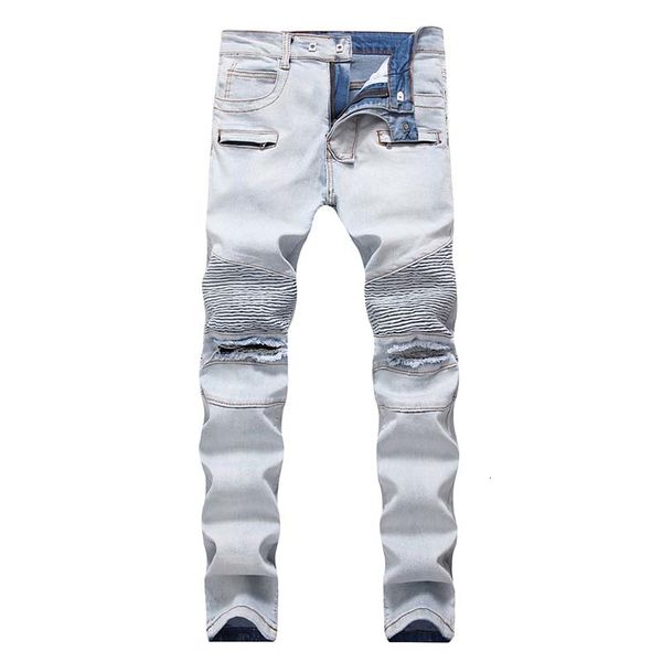 

men casual skinny vintage jeans denim knees holes hiphop pants washed high quality, Blue