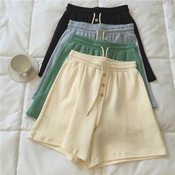 

summer women's casual solid color high-waist button-decorated loose shorts, White;black