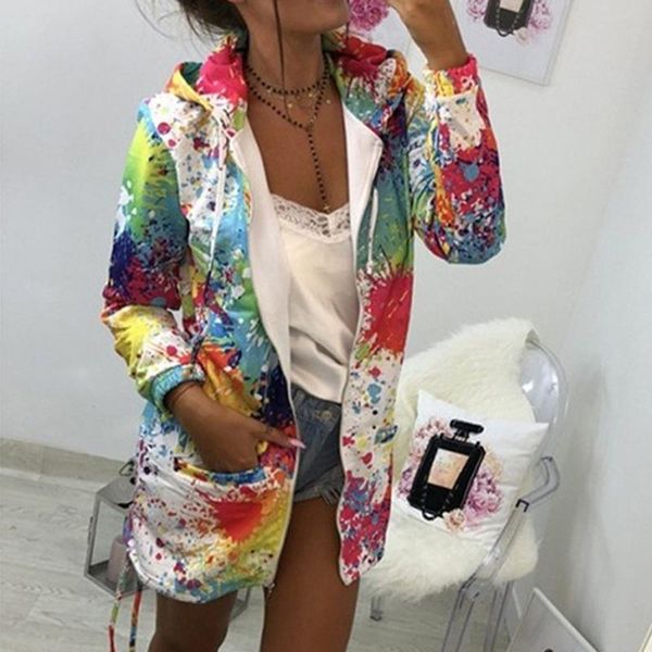 

women's jackets women colourful tie dye printed jacket autumn lightweight zipper hooded windbreaker plus size casual pocket hoodies out, Black;brown