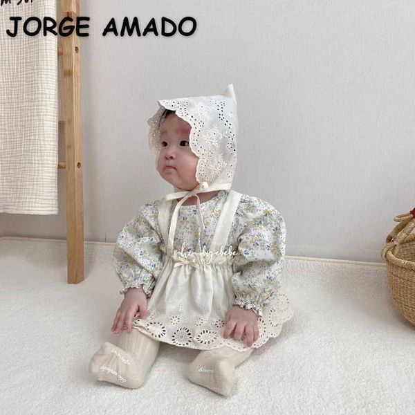

korean style spring baby girl bodysuit floral long puff sleeves jumpsuit+smock+cap kids outfits born clothes e1104 210610, Blue