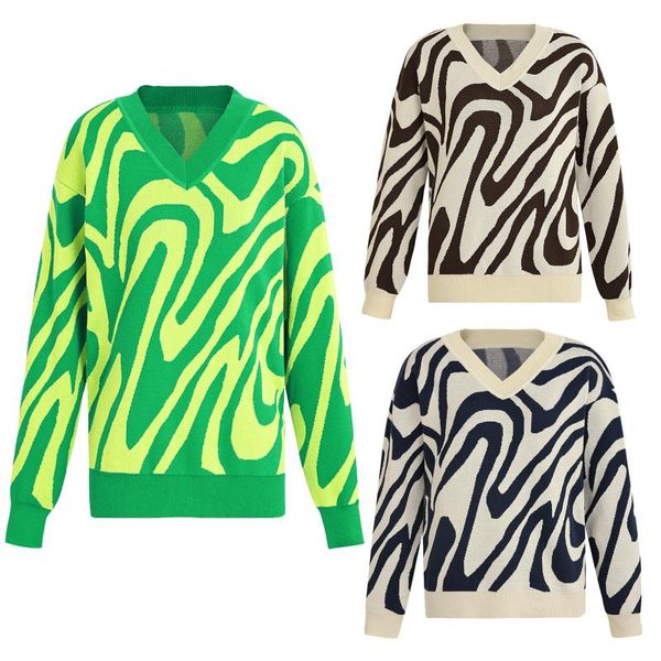 

women's sweaters women casual sweater, adults color block long sleeve v-neck knitwear (green, brown, blue), White;black