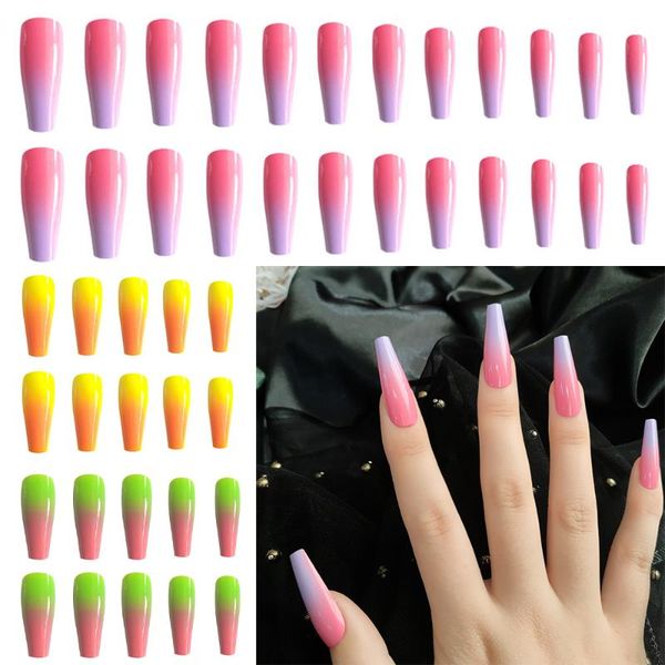 

false nails 24pcs/set gradient color full cover ballerina fake detachable nail art tips manicure design accessories, Red;gold