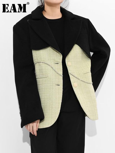 

women's suits & blazers [eam] women rhinestone contrast color blazer notched collar long sleeve loose jacket fashion spring autumn 2021, White;black