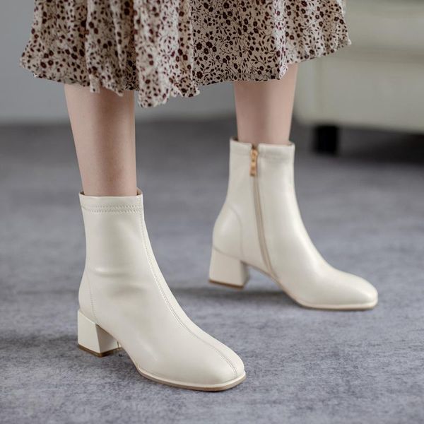 

boots ankle zapatos de mujer woman shoes high heels women 2021 leather pu square heel 34-43, Black