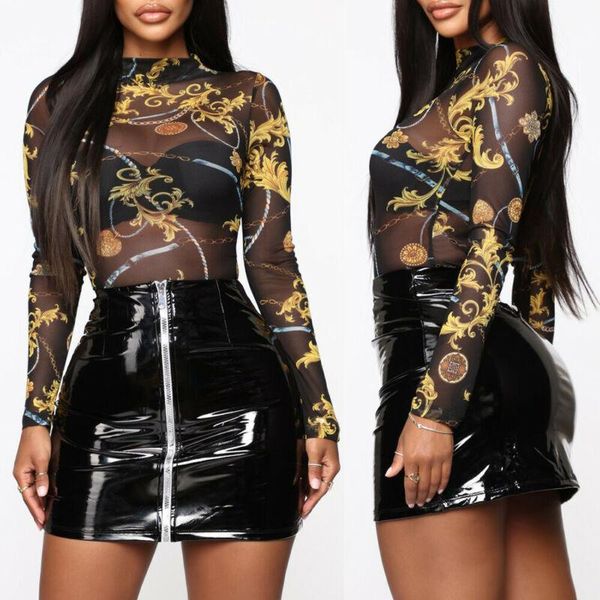 

women's blouses & shirts autumn women ladies print mesh see-through long sleeve skinny sheer basic fashion, White