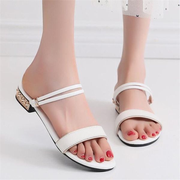 

sandals summer women shoes slippers open toe beach slip on slides brand design round head rhinestone flat bottom, Black