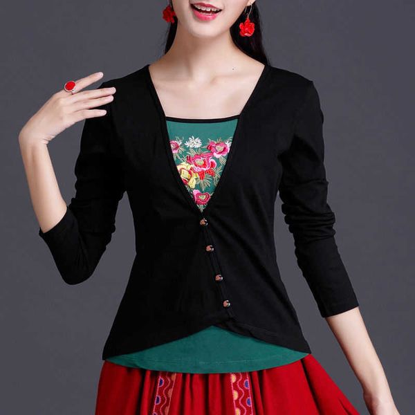 

women's t-shirt ethnic false two embroidery t shirt women long sleeve bottoming cotton tee shirts chinese style plus size ladies cloth, White