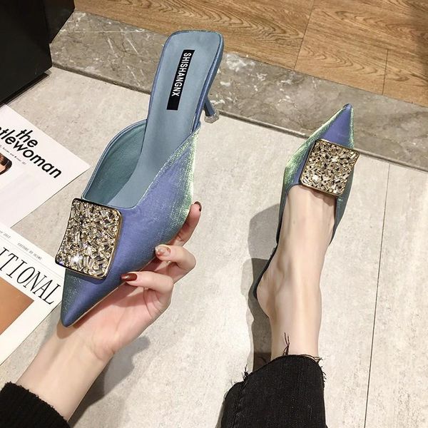 

slippers european style baotou half women wear 2021 summer korean fashion wild pointed sandals women's shoes, Black