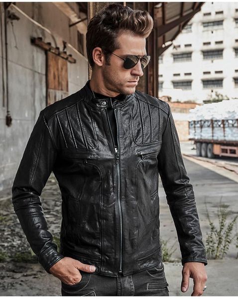 

men's leather & faux italian designer motorcycle mens genuine jacket luxury tanning sheepskin short coat slim fit handsome man biker 5, Black