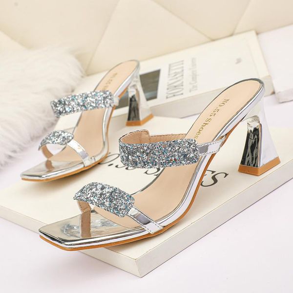 

sandals ly arrived gold silver mule heels slippers women high square toe slides party shoes, Black