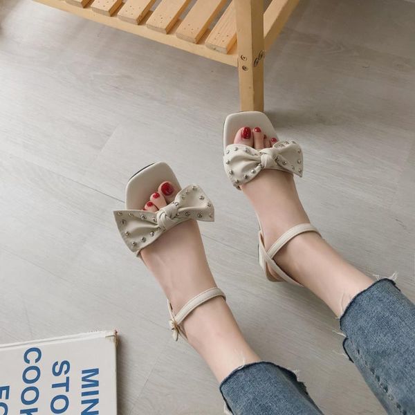 

thick heel sandals women rivet bow summer shoes casual outdoor open toe high beige green mujer, Black