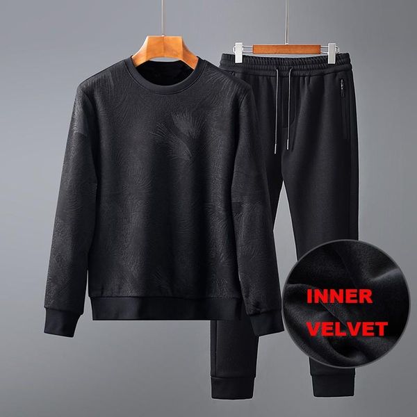 

men's tracksuits add velvet thicken mens sets (sweatshirt+pants) luxury jacquard weave casual sports male suits black slim fit men hood, Gray