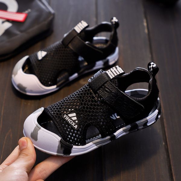 

children leather sandals 2021 casual fashion flying woven mesh childrens shoes boys and girls fashion holiday beach shoes, Black;red