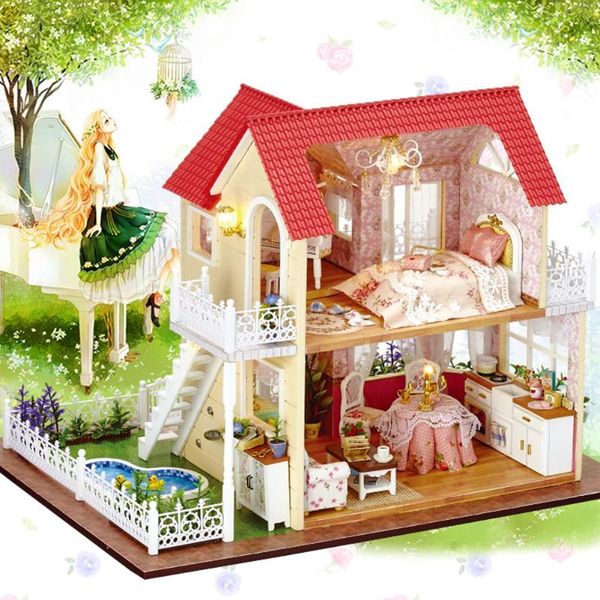 Objetos decorativos Figurines DIY Casa de boneca Acessórios Kit de móveis 3d Miniatura modelo de madeira brinquedo com música e lâmpada LED para crianças b