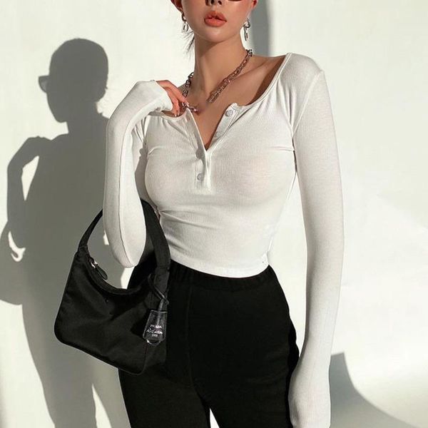 

women's t-shirt korean women round neck long sleeve solid color slim short bottomed tees y049, White
