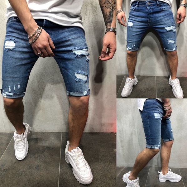 

summer pants men's fashion personality hole capris jeans, Blue