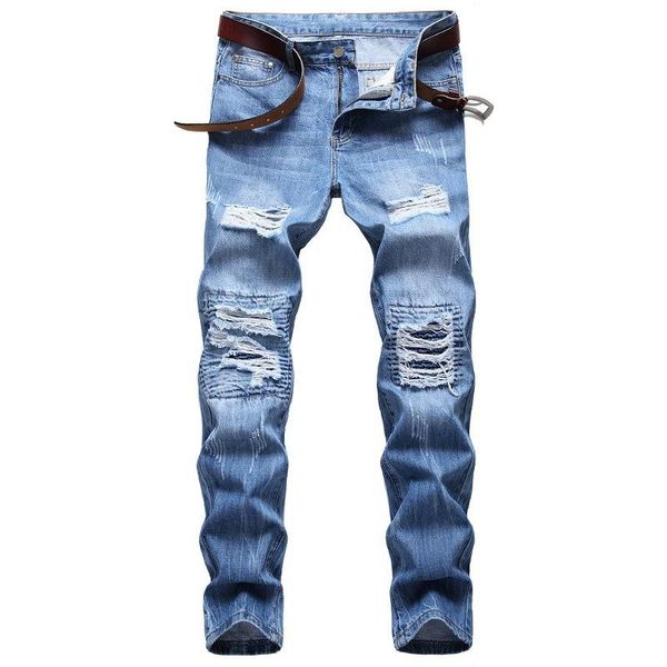 

autumn spring men's ripped street hip hop punk stretch bike jeans trendy holes straight denim trouers, Blue