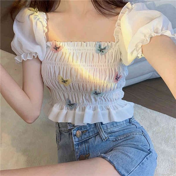 

korean women's shirt chiffon blouses for women short sleeve female white square collar blouse woman 210427