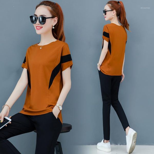 

two piece dress large size tracksuit for women ice silk short sleeve t-shirt women's summer 2021 middle age loose thin fat half woman s, White