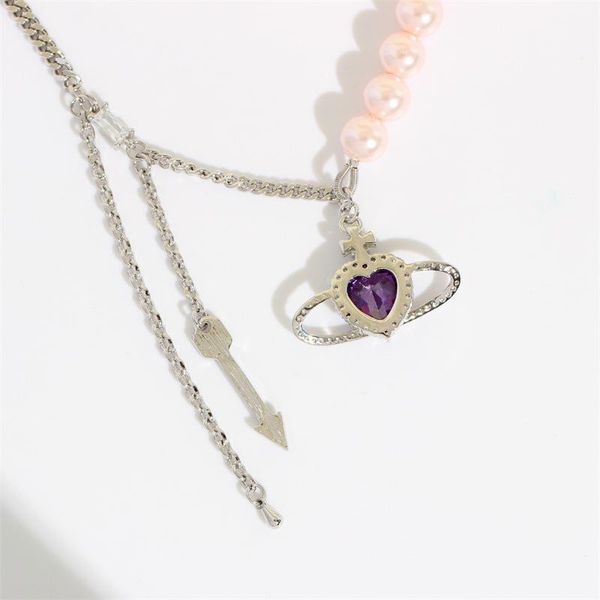 

pendant necklaces european and american metal pearl stitching tassel heart-shaped planet necklace wind net red same style, Silver