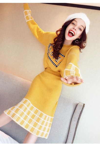 

autumn and winter sweater woman two-piece suit high cold yujiesheng knitting skirt women's tracksuits, Gray