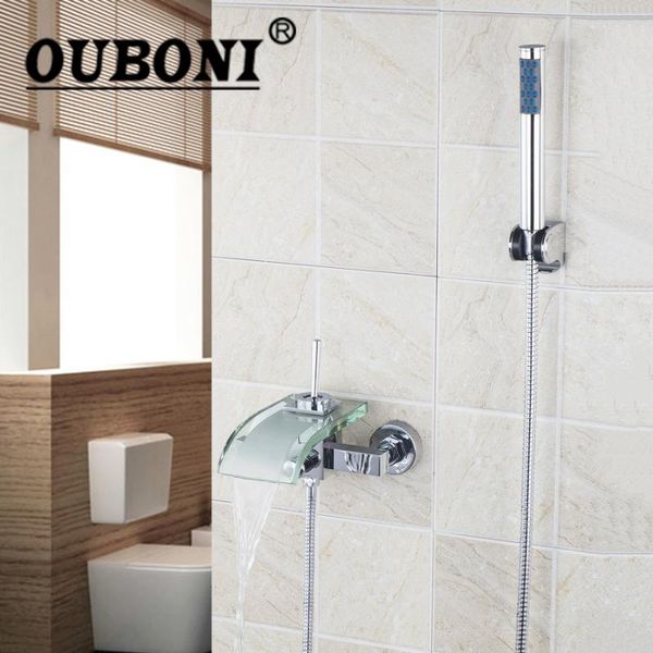 

wall mounted waterfall single lever dual control contemporay chrome clear glass spout with handheld shower mixer faucet bathroom sets
