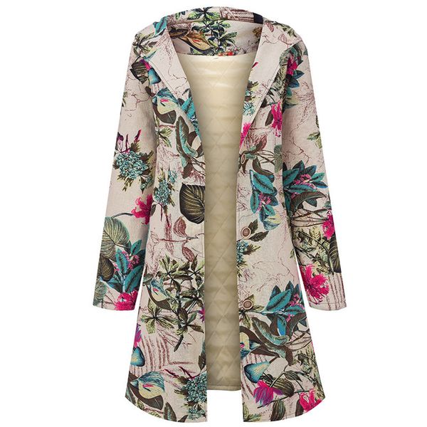 

women's wool & blends autumn winter jackets women casual plus size slim hooded coat female vintage floral print cotton linen warm, Black