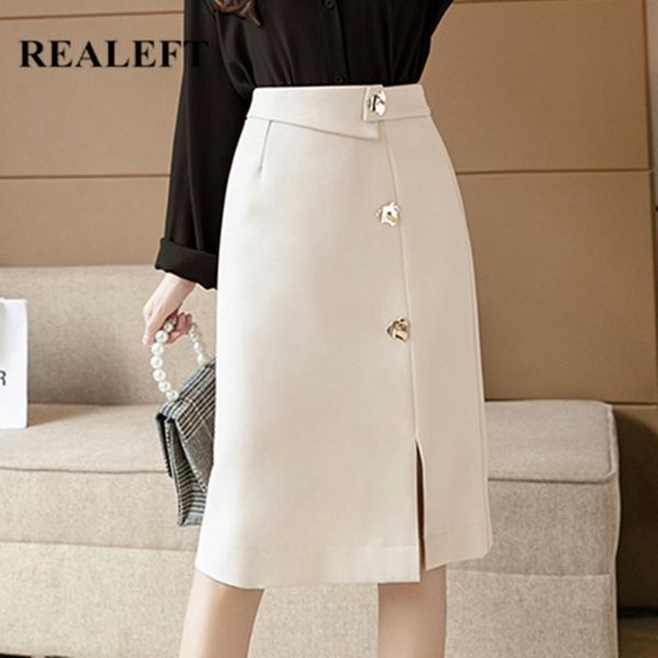 

skirts realeft 2021 work wear women' vintage side split korean ol style high waist button midi length a-line female, Black
