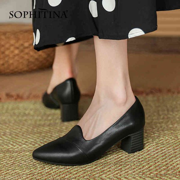 

sophitina leather classic women's pumps comfortable thick heel pointed toe shoes shallow mouth handmade office lady shoes ao583 210513, Black