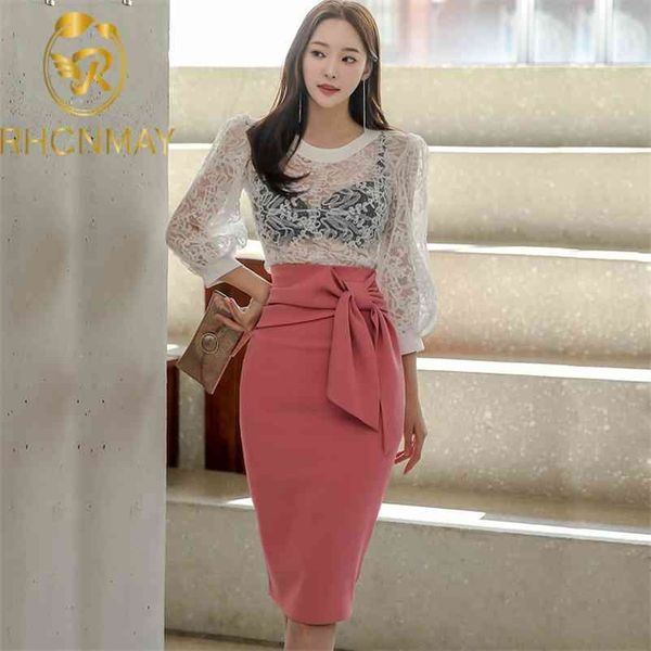 

korea womens elegant 2 pieces set lace perspective shirt + fashion bandage bow bodycon skirt 210520, White