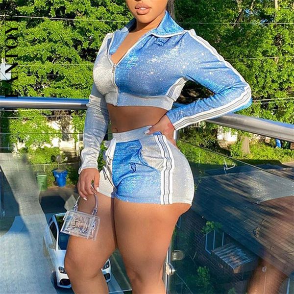 

women's jumpsuits & rompers glitter patchwork women two piece set long sleeve zipper crop and shorts nightclub 2 sets outfit opt5, Black;white