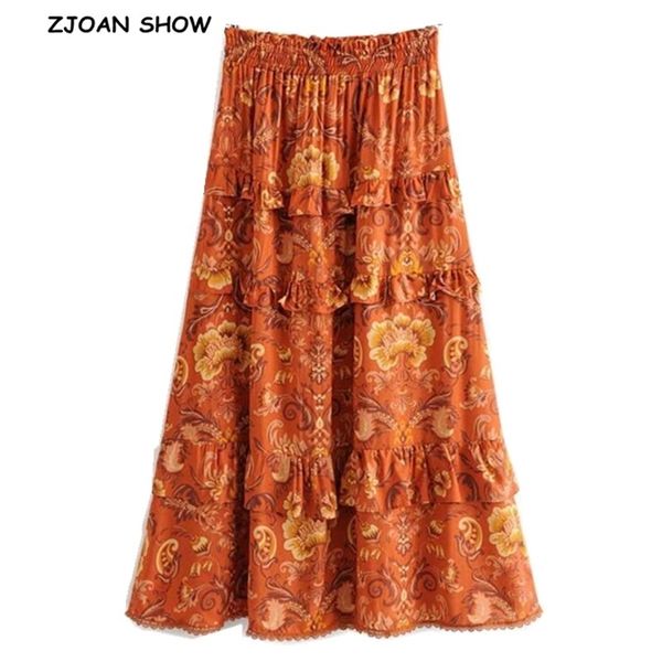 

bohemian orange feather floral print long skirt holiday women elastic waist wood ears ruffles lace swing skirts beach 210429, Black