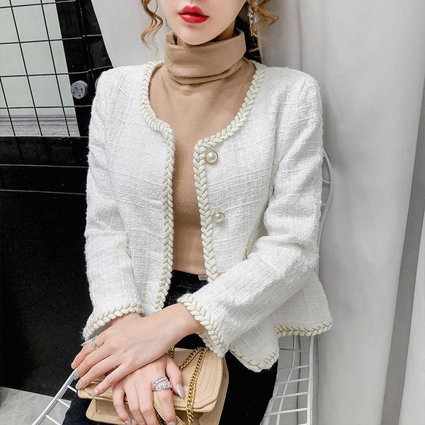 

women's jackets 2021 ladies temperament jacket small fragrance style retro short tweed coat loose korean plaid pearl button feminine, Black;brown