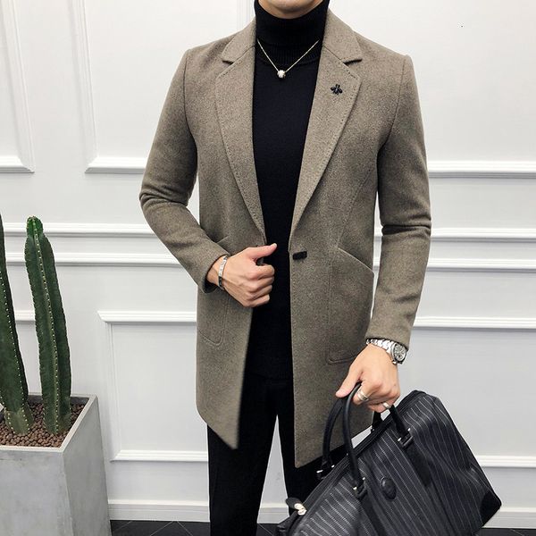 

men's wool & blends winter fall of men thin wool color solid business casual coat trench f97z, Black