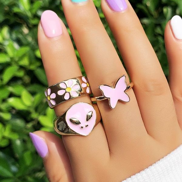 

cluster rings 3pcs ins style alien flower butterfly set for women lover amour couple metal enamel finger ring stack jewelry 2021, Golden;silver