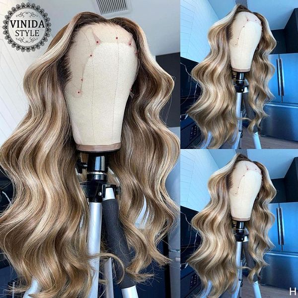 

150% density highlight wave lace front human hair wigs with baby scalp closure non-remy, Black;brown