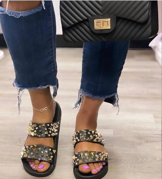 

slippers 2021 besign rivets women slipper pllus size 35-42 summer beach slides flip flops outdoor flat, Black