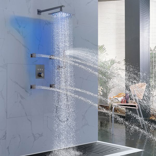 Regenduschsystem-Wasserhahn-Set aus gebürstetem Nickel für Badezimmer, 20,3 x 30,5 cm, luxuriöser LED-Regenfall mit Handbrause, Thermostat-Mischventil