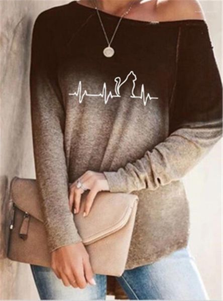 

women's t-shirt designer female crew neck loose casual tshirts womens ecg pattern fashion gradient long sleeve tee, White