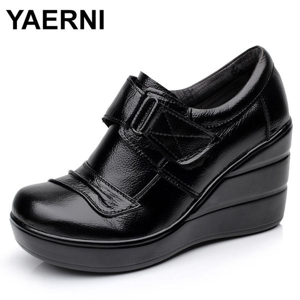 

boots yaerni cowhide genuine leather platform spring and autumn deep mouth single shoes high heels women's wedges e420, Black
