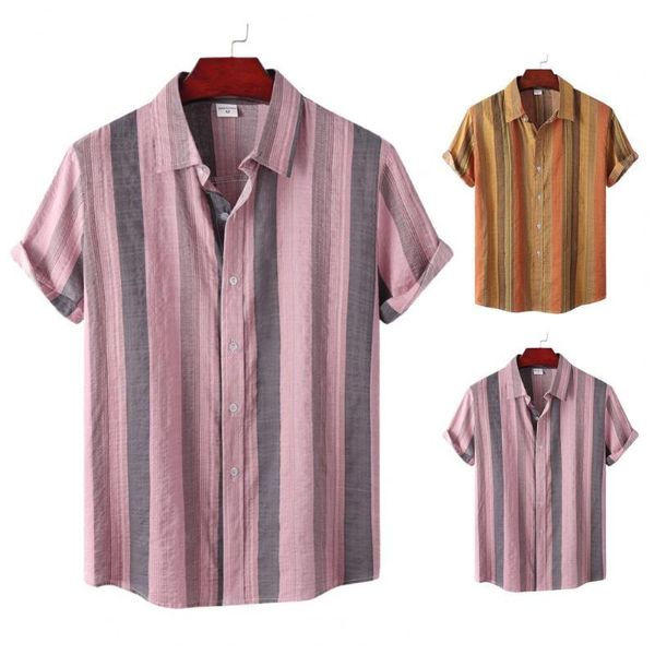 

men's casual shirts men cotton linen stripe print short sleeve button shirt blouse 2021 summer dress handsome clothes, White;black