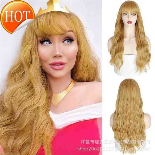 

wig female qi bangs golden long curly hair rose inner net corn perm chemical fiber headgear, Black