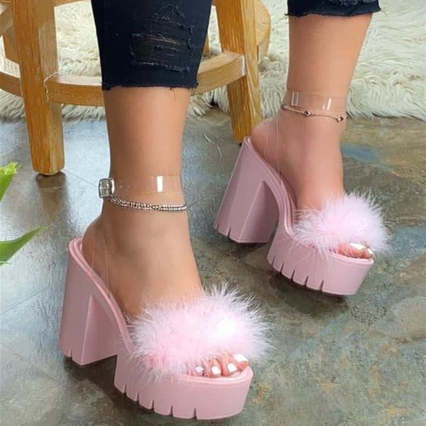 

sandals women's fur high heels women platform plush ladies buckle pumps female non slip footwear woman shoes plus size1, Black