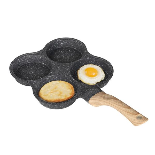 

pans easy clean wood handle non stick anti scalding flat base 4 hole cooking pot breakfast for eggs universal cookware frying pan